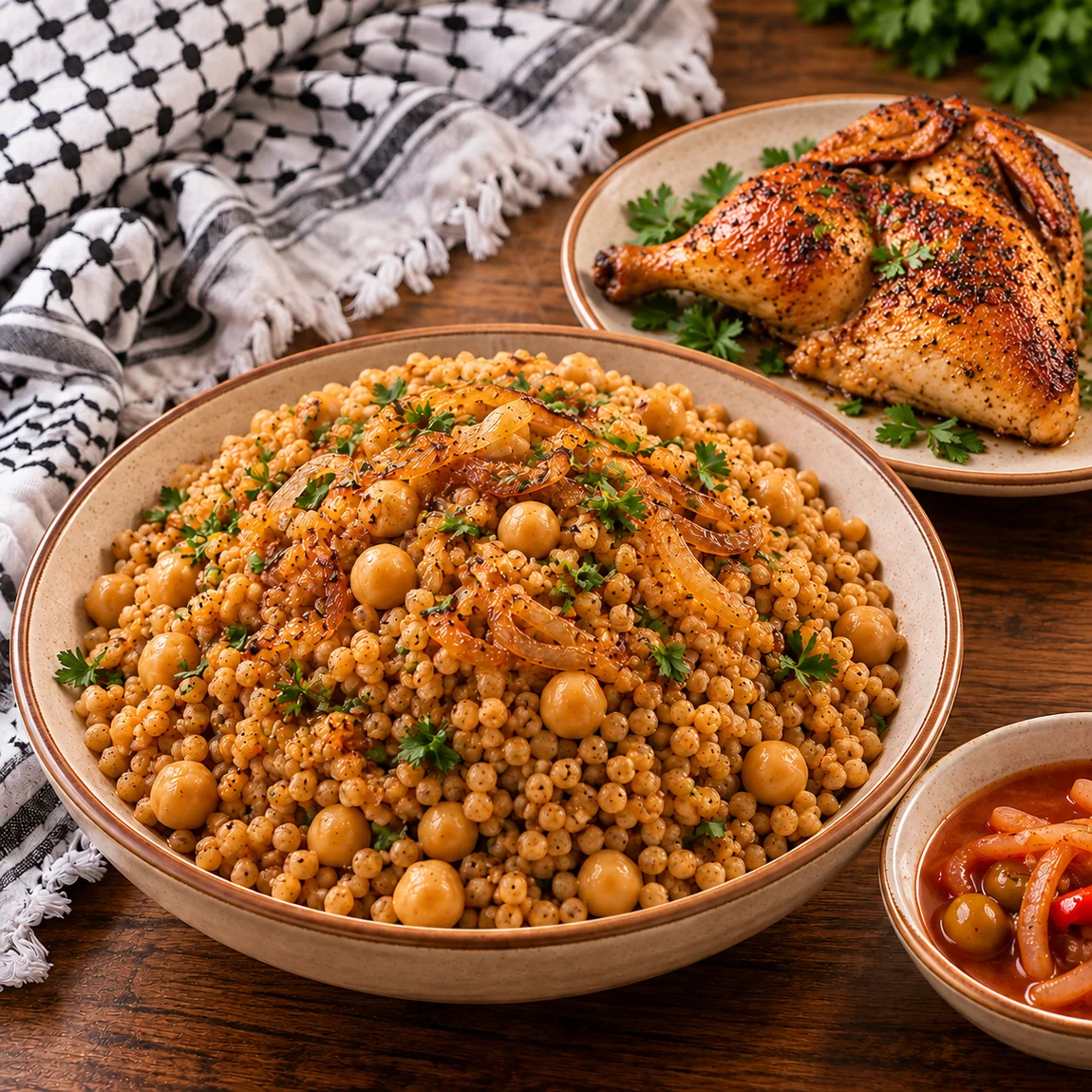 Palestinian maftoul with roasted chicken